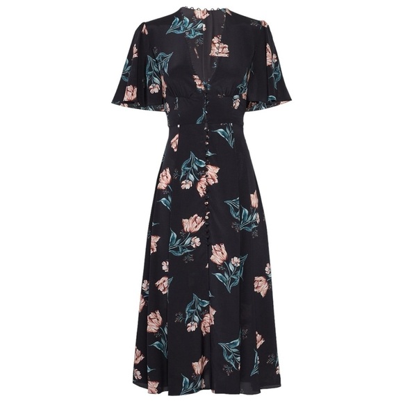 Nicholas Black and Floral Printed V-Neck A-Line Summer Belted Dress Size XXS - Picture 2 of 7